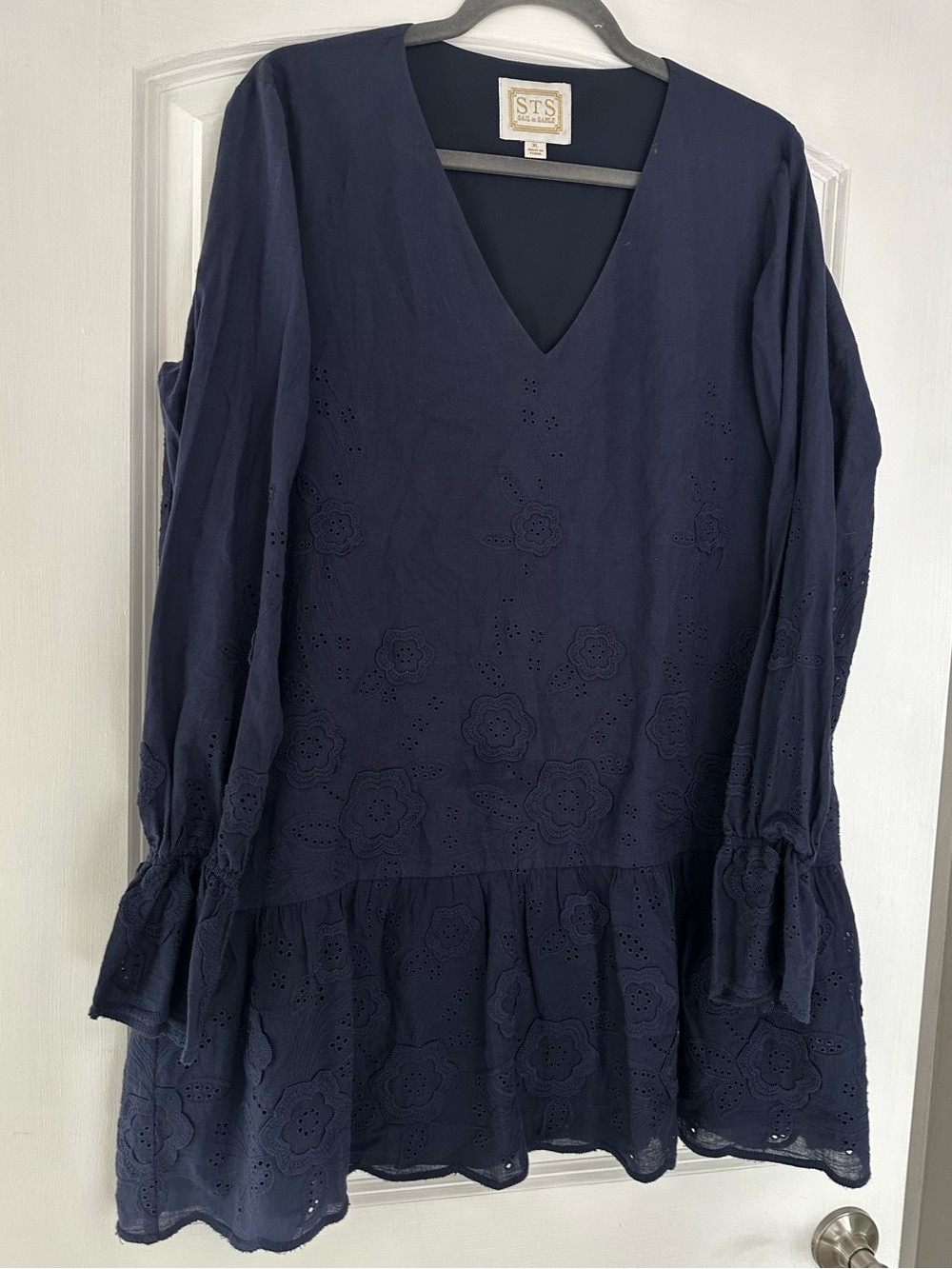 Sail to Sable Women’s Navy Blue Shift Dress With Embroidery Long Bell Sleeves XL